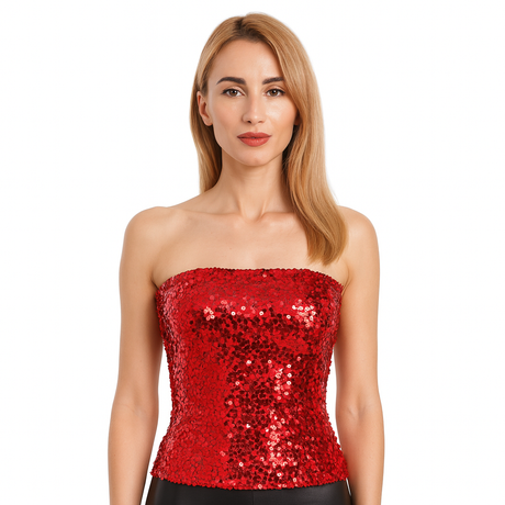 Womens SEQUIN BANDEAU CROP TOP Sparkling Sparkly Costume Tube - Red