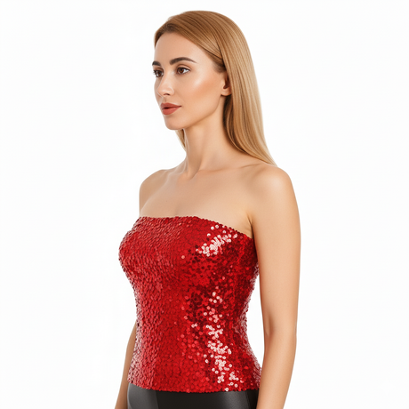 6x Red Sequin Crop Top (Bandeau) Bulk Pack - Womens Sparkly Costume Tube (Group Costume for Fancy Dress)