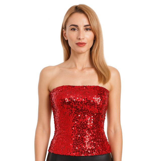 Red Sequin Crop Top (Bandeau) - Womens Sparkly Costume Tube