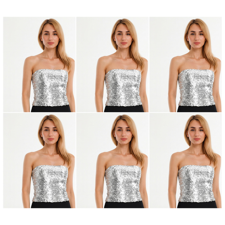 6x Silver Sequin Crop Top (Bandeau) Bulk Pack - Womens Sparkly Costume Tube (Group Costume for Fancy Dress)