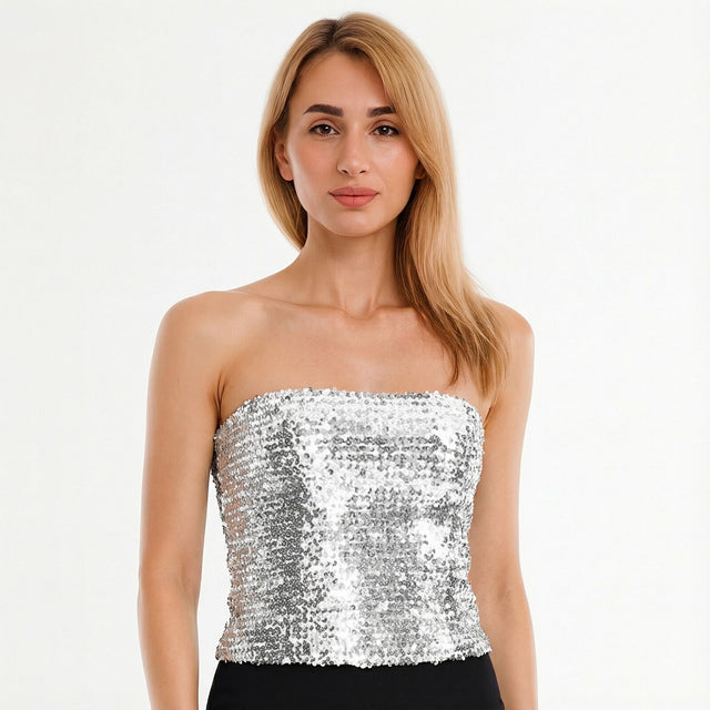 Womens SEQUIN BANDEAU CROP TOP Sparkling Sparkly Costume Tube - Silver