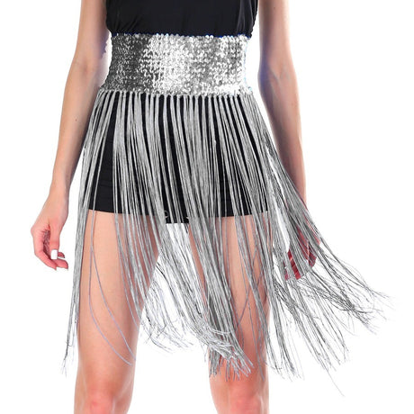 Sequin Belt w/Fringe Skirt 20s Flapper Dance Costume Party  - Silver/White