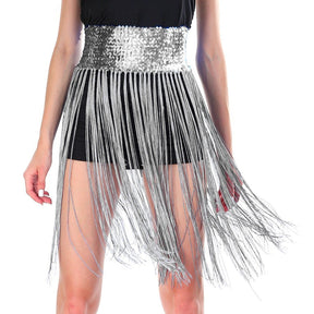 Sequin Belt w/Fringe Skirt 20s Flapper Dance Costume Party  - Silver/White