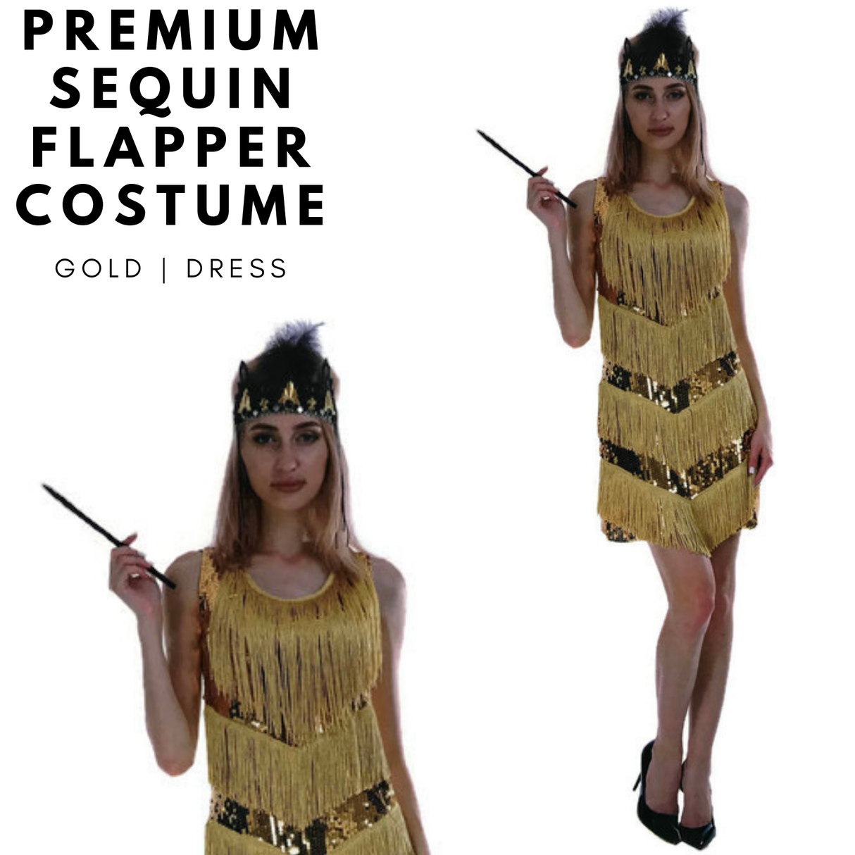 Womens Gold Sequin Flapper Fringe Costume - Charleston/Gatsby 1920s/30s
