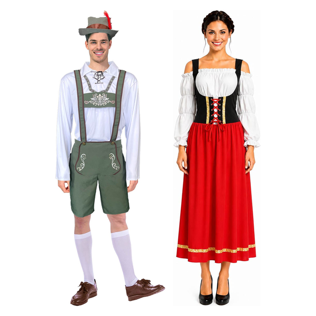 Green Lederhosen & Red/Black Long Dirndl Couples Costume Set - His & Hers Oktoberfest