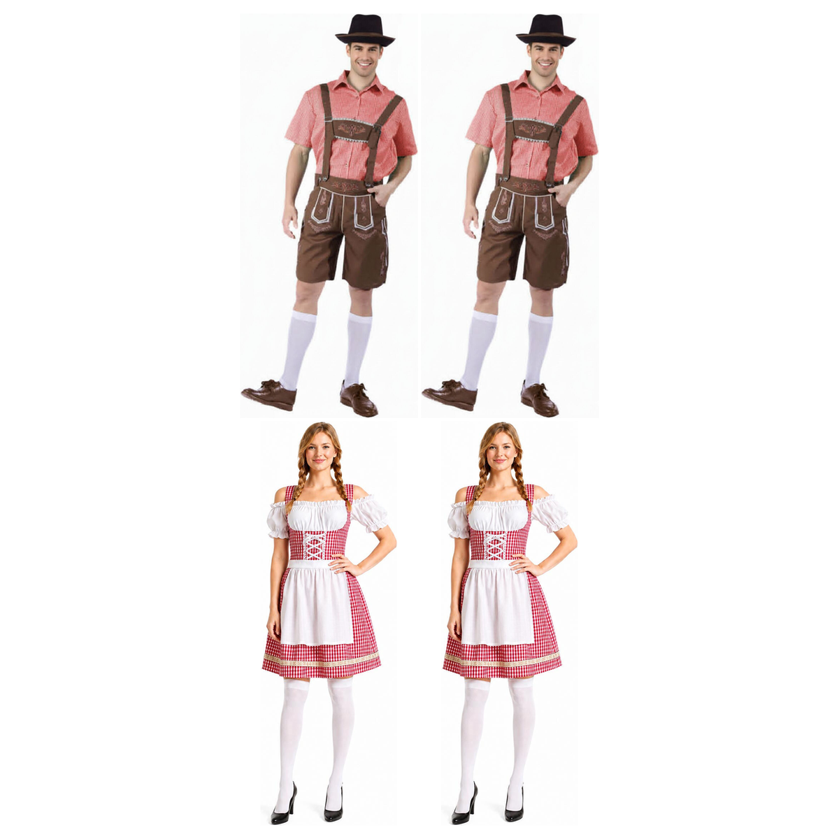 Oktoberfest Group Costume Set - 2x Brown Lederhosen + 2x Red Checkered Bavarian Lady Dirndl (Halloween & Fancy Dress)