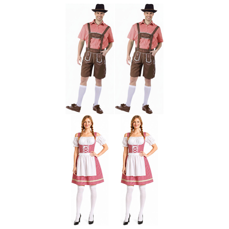 Oktoberfest Group Costume Set - 2x Brown Lederhosen + 2x Red Checkered Bavarian Dirndl (Halloween & Fancy Dress)