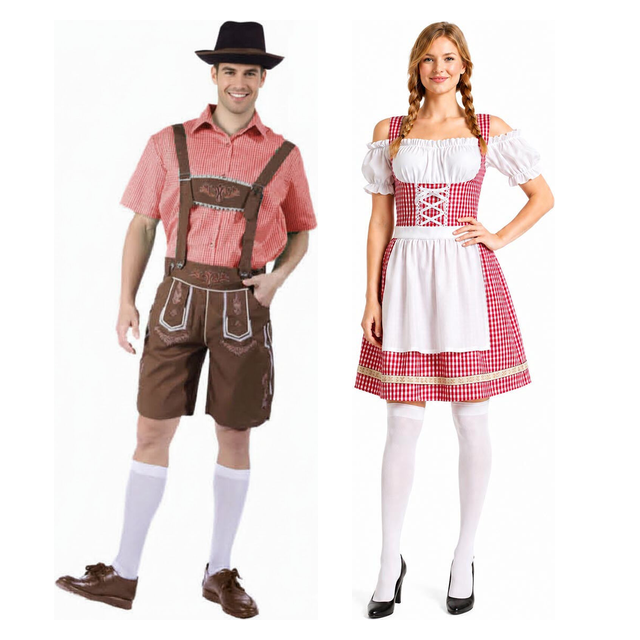 Brown Lederhosen & Red Checkered Bavarian Lady Dirndl Couples Costume Set - His & Hers Oktoberfest