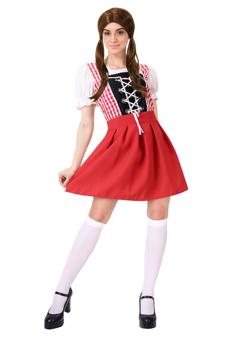 Adult Beer Garden Maid Oktoberfest German Heidi Bavarian Women Red Check Costume - M/L (165-175cm Height)