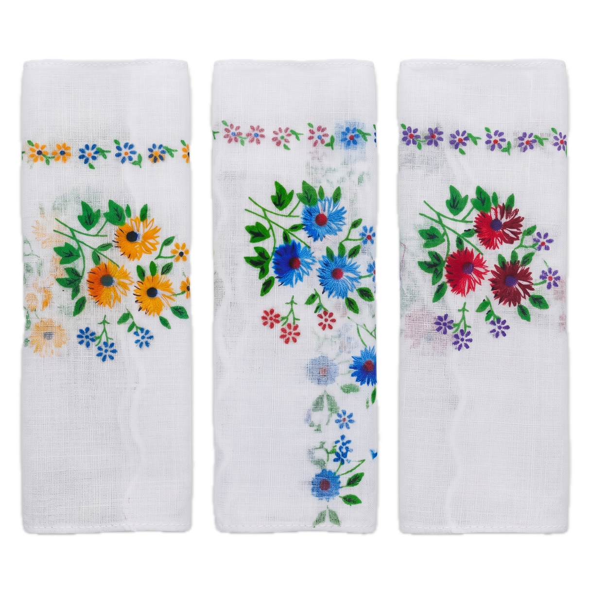 3x Womens Floral 100% Cotton Handkerchiefs - Mixed Ladies Hanky Pack (30x30cm)