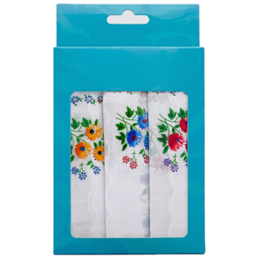 3x Womens Floral 100% Cotton Handkerchiefs - Mixed Ladies Hanky Pack (30x30cm)