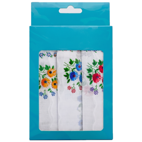 3x Womens Floral 100% Cotton Handkerchiefs - Mixed Ladies Hanky Pack (30x30cm)
