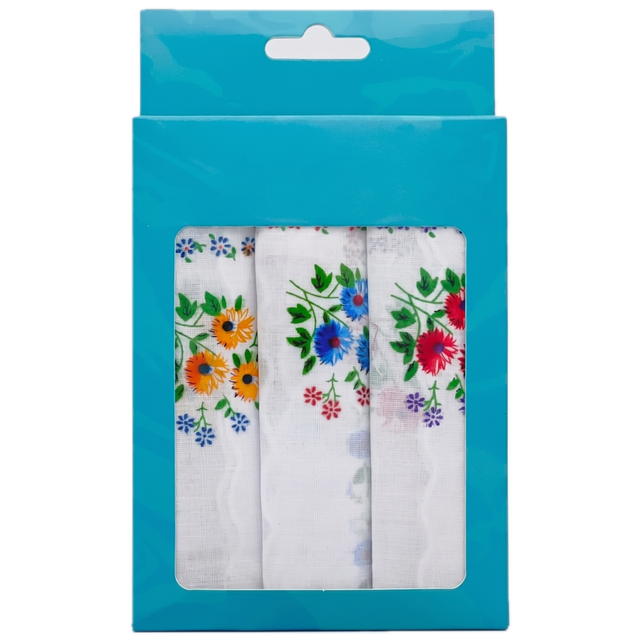 3x Womens Floral 100% Cotton Handkerchiefs - Mixed Ladies Hanky Pack (30x30cm)