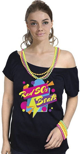 Rad 80s Beats Womens Costume T-Shirt - Black (1980s Fancy Dress Up Top)
