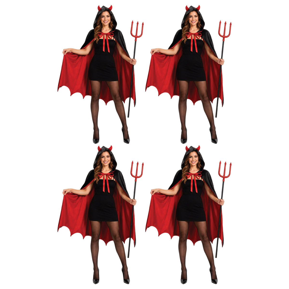 4x Womens Black/Red Vampire Devil Cape Group Costume Bulk Pack w/ Horned Hood - Halloween Party Outfit
