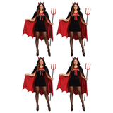 4x Womens Black/Red Vampire Devil Cape Group Costume Bulk Pack w/ Horned Hood - Halloween Party Outfit