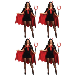 4x Womens Black/Red Vampire Devil Cape Group Costume Bulk Pack w/ Horned Hood - Halloween Party Outfit