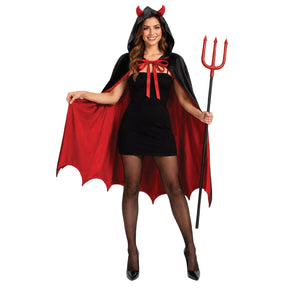 Womens Vampire Devil Cape Costume w/ Horned Hood - Black/Red (Halloween Party Outfit)