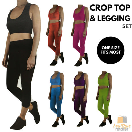 Womens CROP TOP Tank + LEGGING Pants SET Jogger Sport Party Tracksuit Gym Yoga - Blue