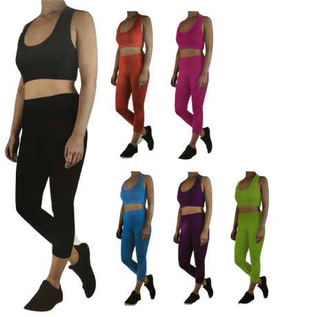 Womens CROP TOP Tank + LEGGING Pants SET Jogger Sport Party Tracksuit Gym Yoga - Black