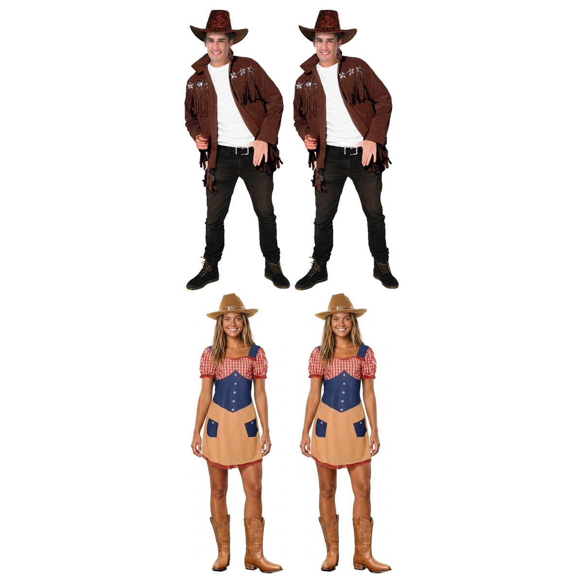 Cowboy Group Costume Set - 2x Fringed Cowboy Jacket + 2x Country Cowgirl Dress (Halloween & Fancy Dress)
