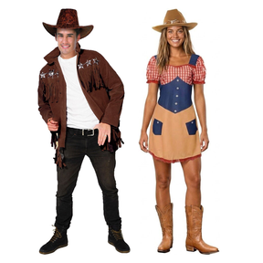 His & Hers Cowboy & Cowgirl Couples Costume Set - Western Rodeo Halloween Fancy Dress