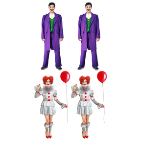 Evil Clown Group Costume Set - 2x Purple Clown Suit + 2x Womens Clown Dress (Halloween & Fancy Dress)