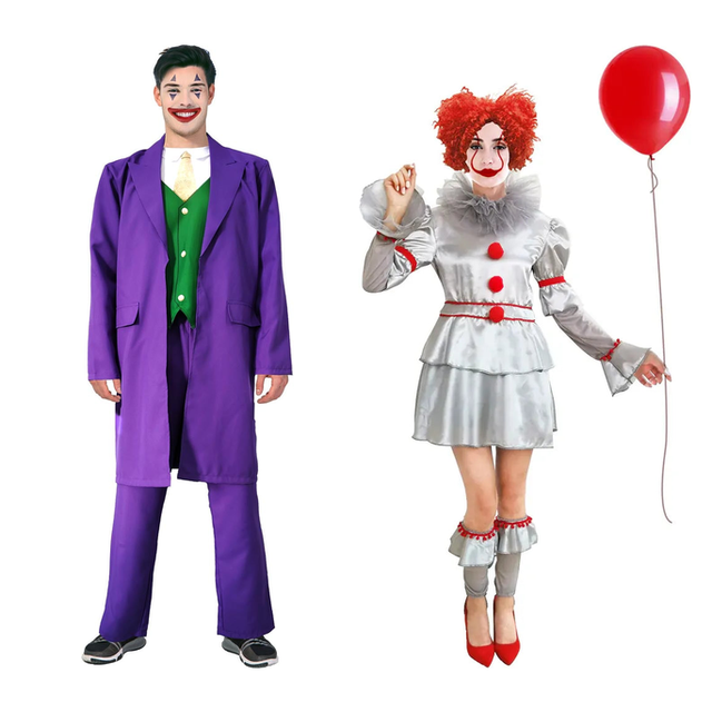 His & Hers Evil Clown Couples Costume Set - Creepy Jester Halloween