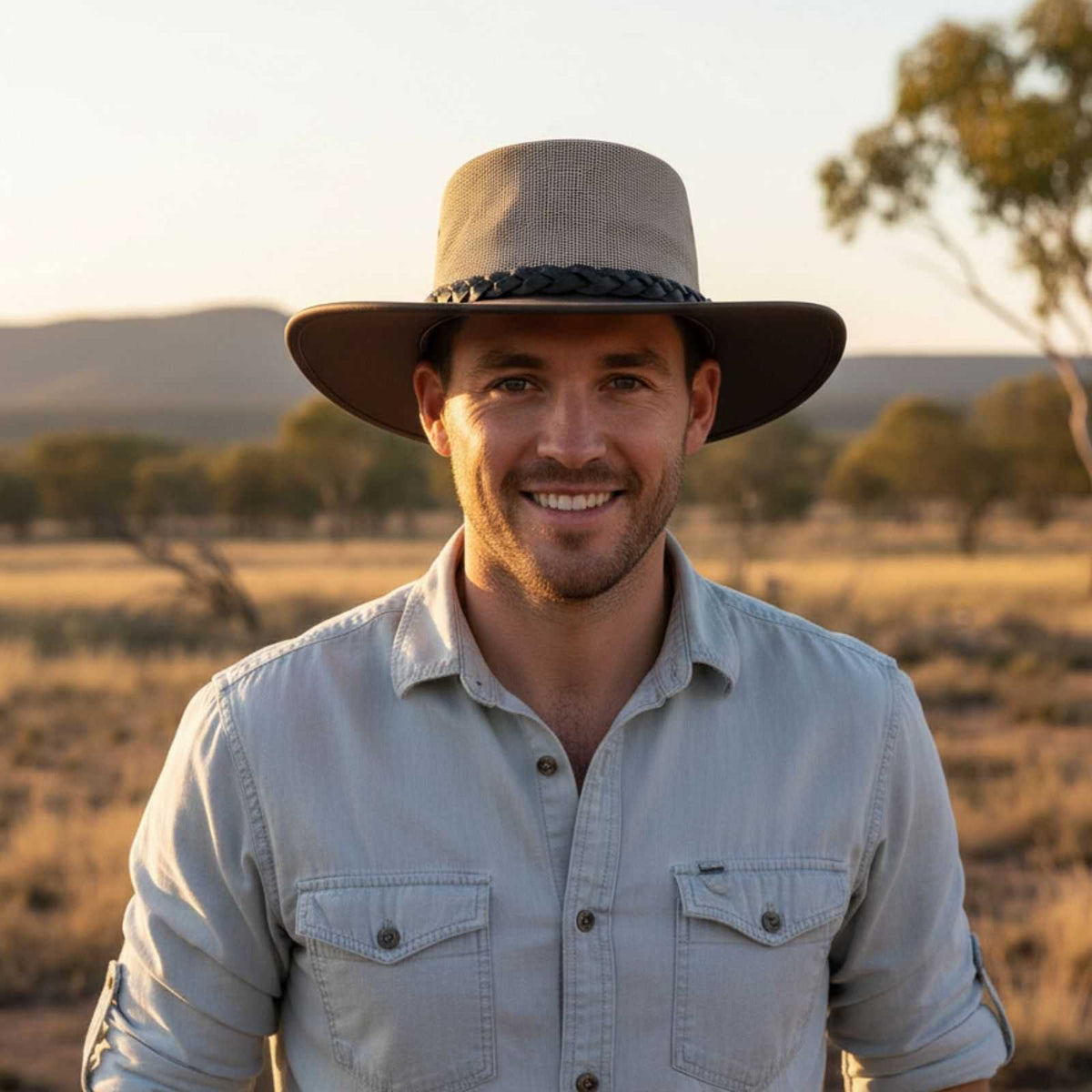 Jacaru 1221 The Aussie Breeze Buffalo Leather Hat - Brown (Breeze Crown Water Resistant & UPF 50+)