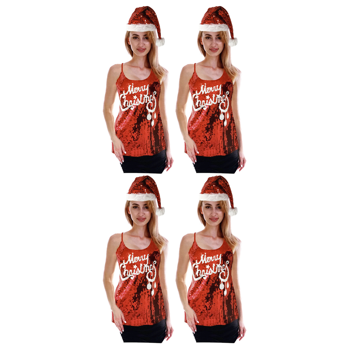 4x Womens Merry Christmas Sequin Singlet/Cami Costume Bulk Pack - (Xmas Party)