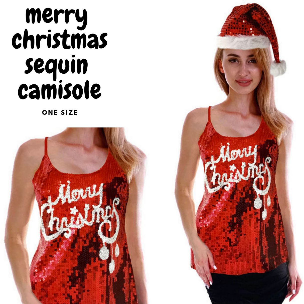 Womens Merry Christmas Sequin Singlet/Cami Costume - (Xmas Party)
