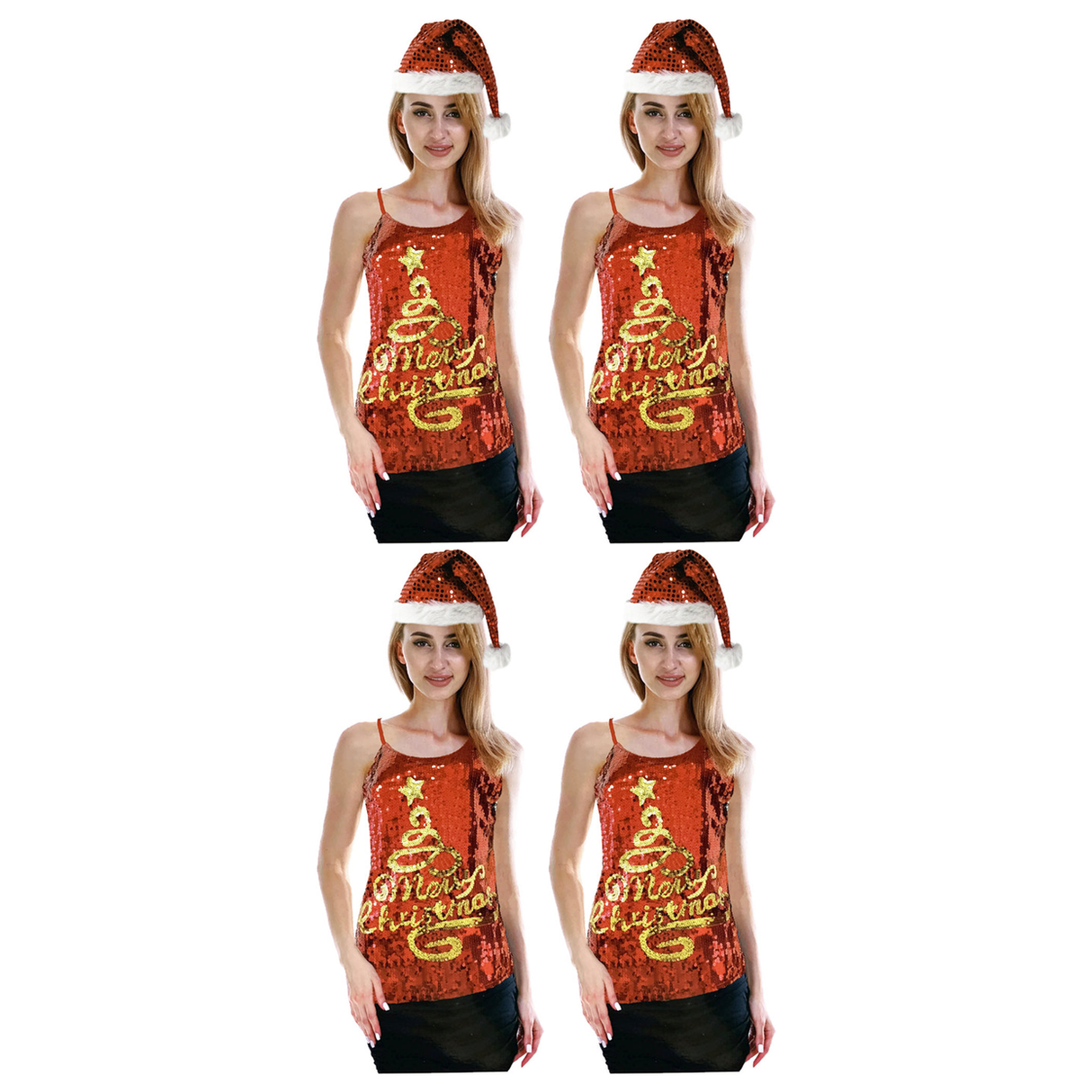 4x Womens Merry Christmas Tree Sequin Singlet/Cami Costume Bulk Pack - (Xmas Party)