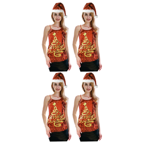 4x Womens Merry Christmas Tree Sequin Singlet/Cami Costume Bulk Pack - Xmas Party