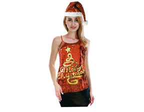Womens Merry Christmas Tree Sequin Singlet/Cami Costume - (Xmas Party)