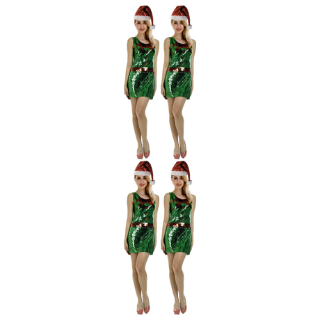 4x Womens Christmas Sequin Elf Dress Costume Bulk Pack - Group Costume (Xmas Party)