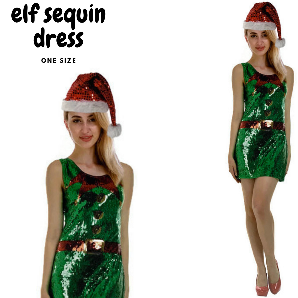 Womens Christmas Sequin Elf Dress Costume - (Xmas Party)
