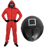 Adult Squid Game Guard Tracksuit Red Full Party Costume Set w/ Mask - Circle Mask