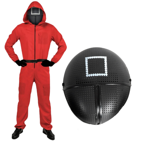 Adult Squid Game Guard Tracksuit Red Full Party Costume Set w/ Mask - Circle Mask