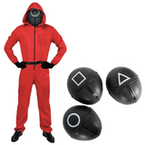 Adult Squid Game Guard Tracksuit Red Full Party Costume Set w/ Mask - Triangle Mask