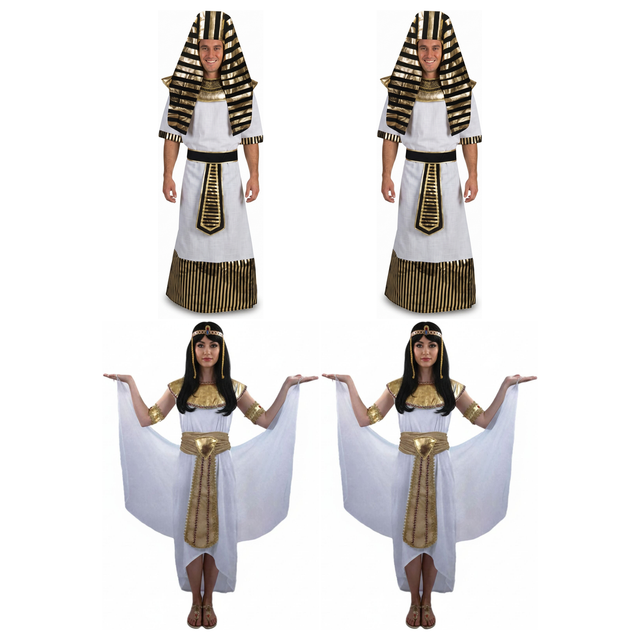 Egyptian Group Costume Set - 2x Pharaoh King + 2x Cleopatra Queen (Halloween & Fancy Dress)