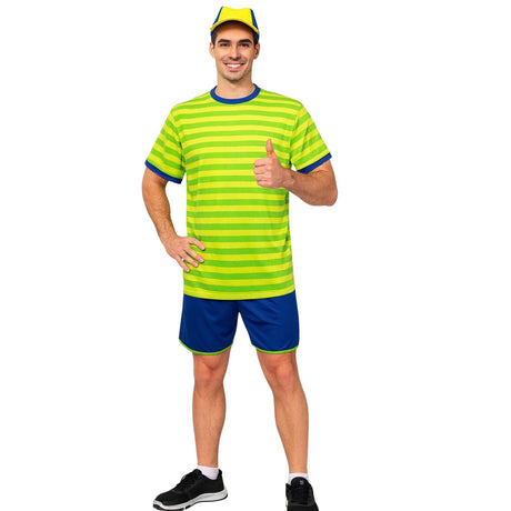 Adult 90s Teenager Costume Hat Striped Top Shorts Halloween Fancy Dress Up - L/XL (175-185cm Height)