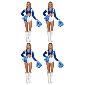 4x Adult Blue Cheerleader Costume Bulk Pack - Dallas Style w/ Pom Poms (Halloween & Fancy Dress)