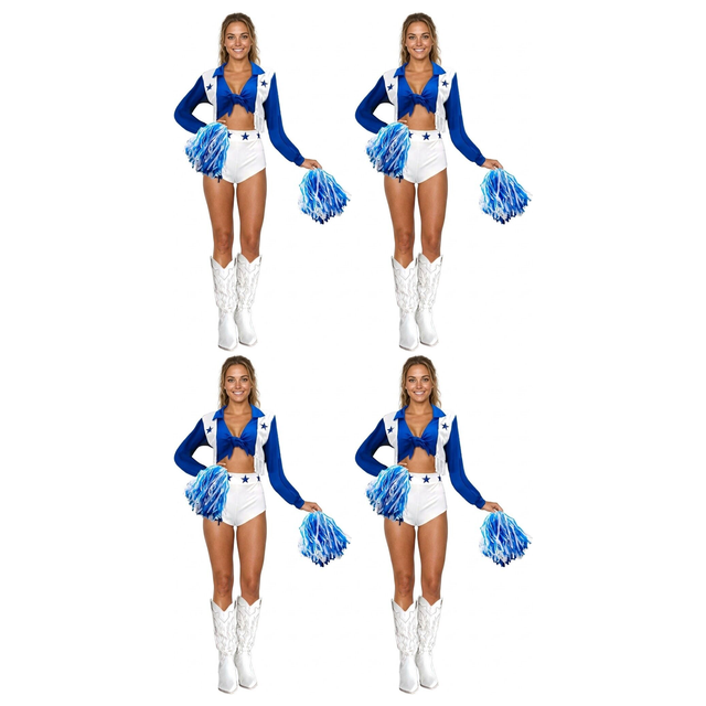 4x Adult Blue Cheerleader Costume Bulk Pack - Dallas Style w/ Pom Poms (Halloween & Fancy Dress)