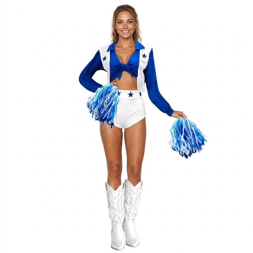 Adult Blue Cheerleader Costume - Dallas Style w/ Pom Poms (Halloween & Fancy Dress)