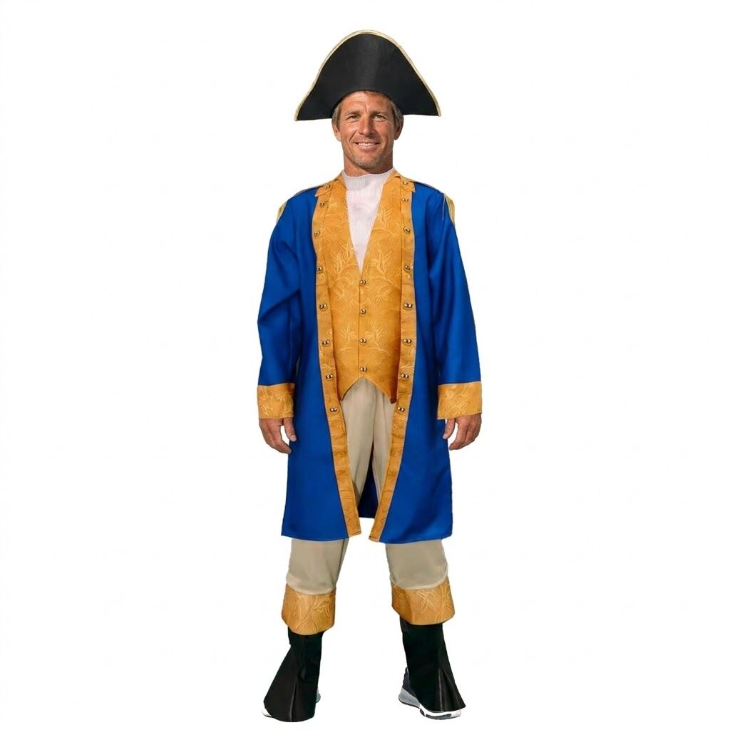 Adult Blue & Gold Historical President Costume - Colonial Jacket & Hat Set (Halloween & Fancy Dress)