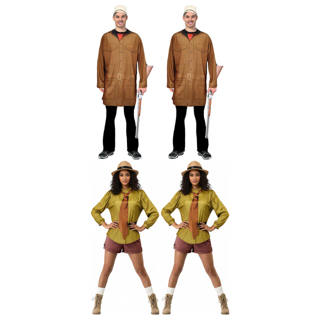 Jungle Explorer Group Costume Set - 2x His + 2x Hers Safari Adventurer (Halloween & Fancy Dress)