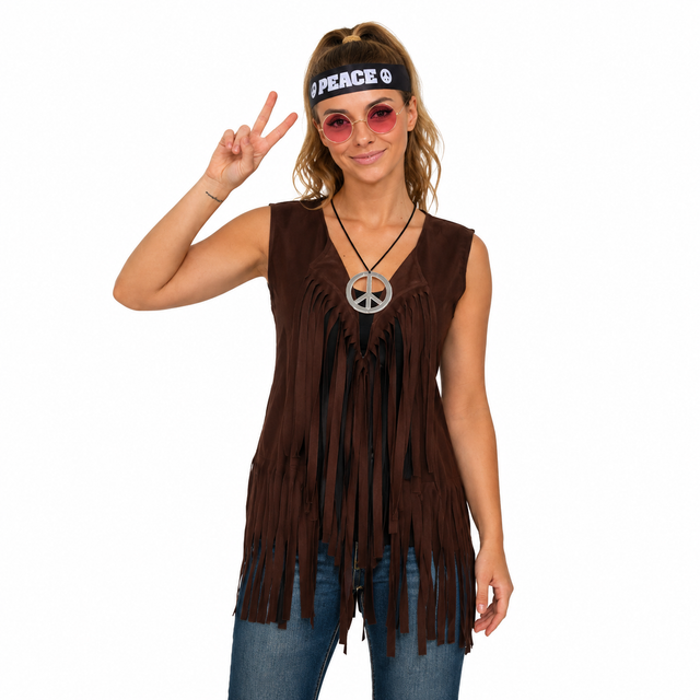 Womens Brown 60s Hippie Vest Costume - Fringed Suede-Look (Halloween & Fancy Dress)