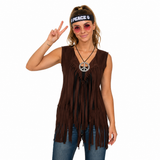 Womens Brown 60s Hippie Vest Costume - Fringed Suede-Look (Halloween & Fancy Dress)