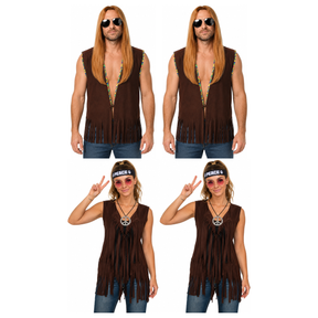 Hippie Group Costume Set - 2x Mens + 2x Womens Brown 60s Fringed Vests (Halloween & Fancy Dress)