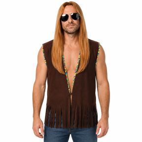 Mens Brown 60s Hippie Vest Costume - Fringed Psychedelic Trim (Halloween & Fancy Dress)